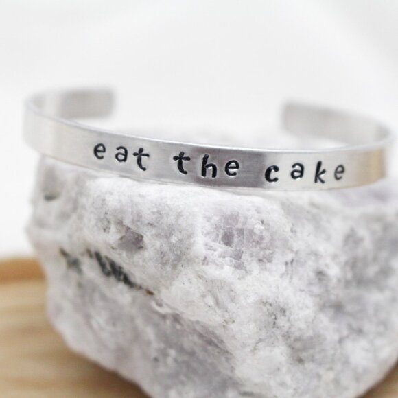 Eat The Cake - Hand Stamped Anodized Aluminum Bangle - Adjustable - Picture 3 of 11